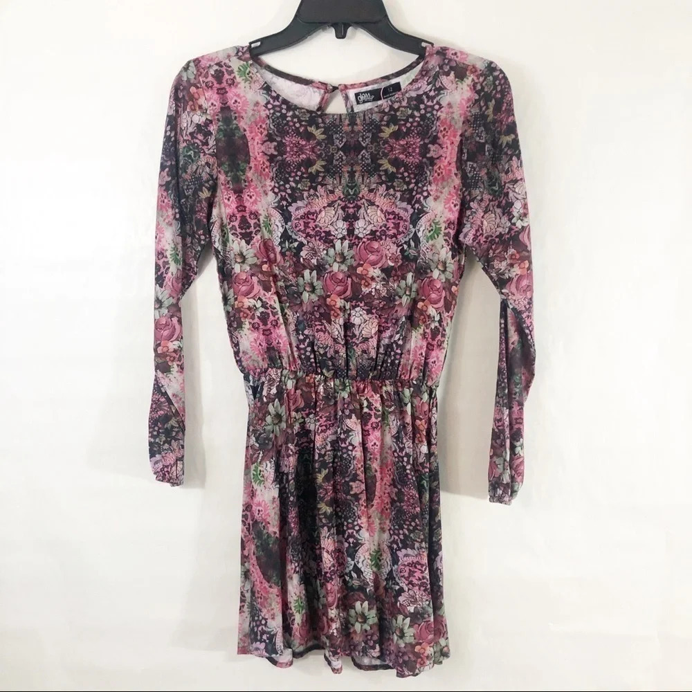 Gloss Girls Floral Tunic Dress Pink Black Long Sleeve Keyhole Back Size 12